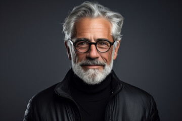 Sticker - Portrait of handsome mature man with grey hair and beard wearing eyeglasses on gray background.