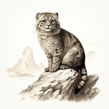 1800s-style Pallas's Cat Engraving On White Background.