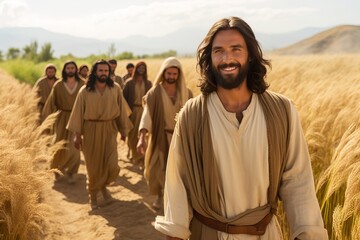 Wall Mural -  Jesus Christ and His disciples walk through a wheat field