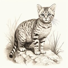 Sticker - Vintage-style Rusty-Spotted Cat Engraving on White: 1800s Illustration Revived