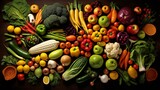Fototapeta Tęcza - A collection of whole, ripe fruits and vegetables artistically arranged in preparation for juicing.