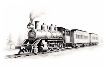 Wall Mural - Antique Steam Locomotive Engraving on White - Classic