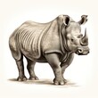 Vintage Engraving of White Rhinoceros in 1800s Style on White Background.
