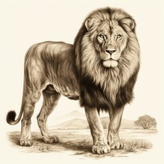 Poster - Antique West African Lion Etching - 1800s Style Art on White Background