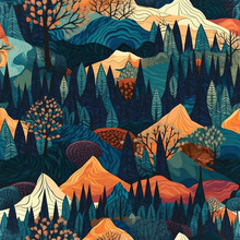 Geometric Autumn: An Abstract Mountain Landscape,seamless Pattern With Trees And Mountains