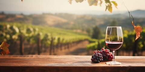 Wood table top with a glass of wine on blurred vineyard landscape background