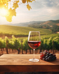 Wall Mural - Wood table top with a glass of wine on blurred vineyard landscape background