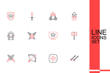 Sticker - Set line Medieval arrows, Crusade, bow and, Crossed medieval sword, poleaxe, King crown, Skull with and throne icon. Vector