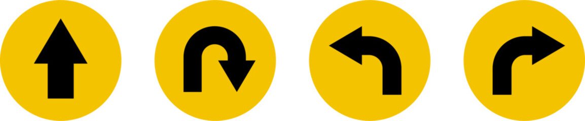 Poster - Go Straight This Way One Way Only U Turn Left and Right Black and Yellow Arrow Round Circle Traffic Sign Direction Icon Set. Vector Image.