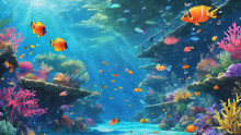 Underwater Blue A 2D Illustration Creating A Marine Background With Vibrant Sealife In The Ocean