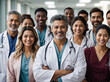 © Neitiry - Diverse multiracial, multiethnic medical team of doctors and nurses in the hospital. Group portrait of happy, professional colleagues, healthcare co-workers in clinic. Diversity, equity, inclusion.
