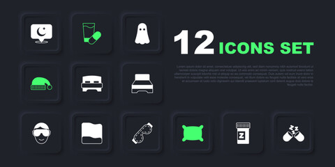 Sticker - Set Sleeping pill, Big bed, Pillow, hat, and Eye sleep mask icon. Vector