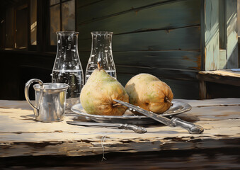 Poster - still life with pears and a glass of wine