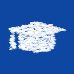 Poster - Clouds in the shape of a square academic cap symbol on a blue sky background. A symbol consisting of clouds in the center. Vector illustration on blue background