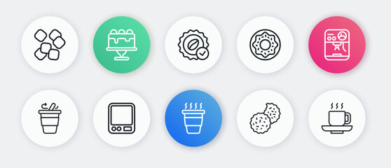 Wall Mural - Set line Coffee cup to go, machine, Cookie or biscuit, Donut, Medal for coffee, and Electronic scales icon. Vector