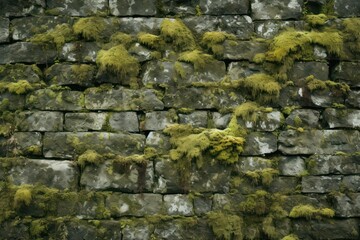 Poster - Rough stone wall with moss and lichen - natural weathered texture - a timeless backdrop for creative endeavors.