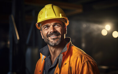 Wall Mural - A smiling but tired construction worker in a yellow hard hat