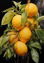 Wall Mural - lemon and leaves with  water ,closeup