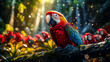 flock of macaws rest by the stream.
