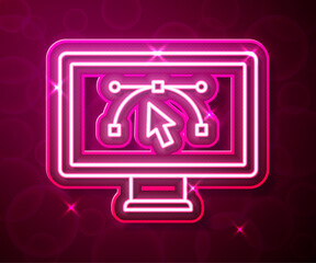 Wall Mural - Glowing neon line Computer display with vector design program icon isolated on isolated on red background. Photo editor software with user interface. Vector