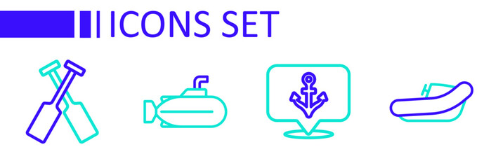 Poster - Set line Inflatable boat with motor, Anchor, Submarine and Crossed oars paddles icon. Vector