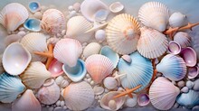 Background Of A Variety Of Beautiful Seashells.