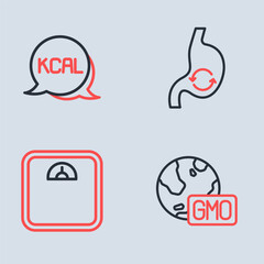 Wall Mural - Set line Human stomach health, Bathroom scales, GMO and Kcal icon. Vector