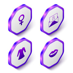 Canvas Print - Set Isometric Female gender symbol, Envelope with 8 March, Woman dress and Smiling lips icon. Purple hexagon button. Vector