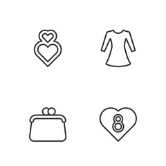 Sticker - Set line Heart with 8 March, Handbag, and Woman dress icon. Vector