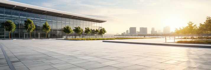 An open area in front of a large building with huge windows, a plaza on the street, banner