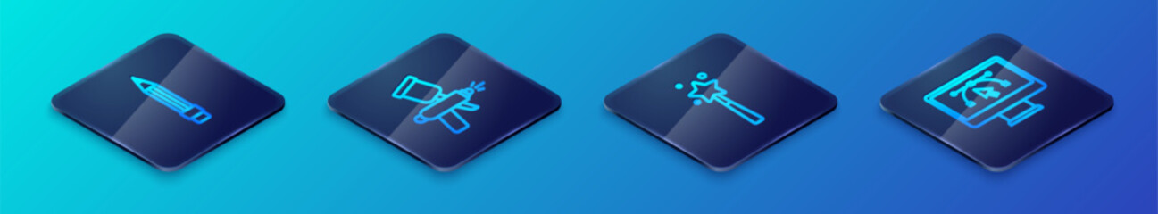 Set Isometric line Magic wand, Pencil with eraser, Computer design program and Paint spray gun icon. Vector