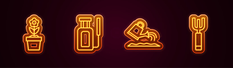 Wall Mural - Set line Flower in pot, Garden sprayer for water, Watering can and pitchfork. Glowing neon icon. Vector