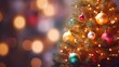 christmas background - close up of decorated colorful christmas tree with balls and lights on shiny blurred celebration background, with copy space.