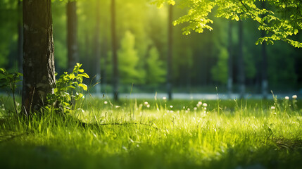 Wall Mural - Summer Beautiful spring perfect natural landscape background, Defocused green trees in forest with wild grass and sun beams