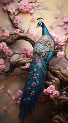 Wall Mural - Colorful peacock on the background of pink sakura branches