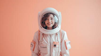 women's day, beautiful female astronaut on pink background with copy space
