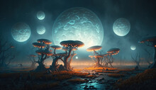 Mysterious Alien Fungi World With Glowing Mushrooms And Moons In The Sky. Fantasy Extraterrestrial Landscape.