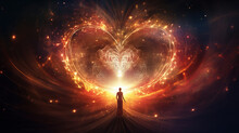 Woman Looking At A Glowing Heart Made Of Fire And Light Energy. Symbol Of Love And Kindness In The Sky. Sparkling Abstract Background.