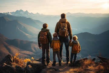 A family of travelers standing on top of a mountain , goal achieved, active tourism and mountain travel