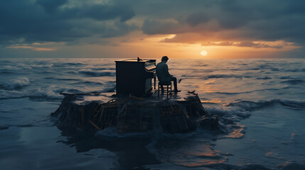 Wall Mural - A pianist on the top of the ocean during sunrise