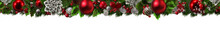 Wide Arch Shaped Christmas Border Isolated On White, Composed Of Fresh Fir Branches And Ornaments In Red And Silver
