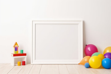 Wall Mural - White wooden blank frame surrounded by playthings and colorful toys. Generative AI