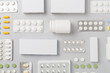 Flat lay with different pills in blister packaging and boxes and on color background