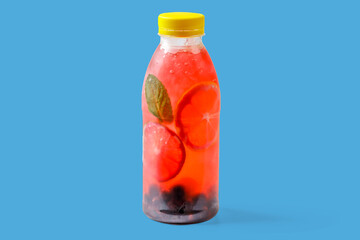 Bubble gum lemonade with currants, lime, mint, bubble gum syrup, ice, soda water on blue background for food delivery website 1