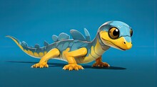  A Yellow And Blue Toy Lizard On A Blue Background With A Shadow.  Generative Ai