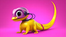  A Yellow And Purple Toy Dinosaur With Headphones And A Pink Background.  Generative Ai