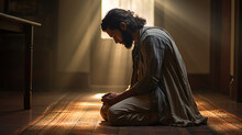An Ancient Middle Eastern Man Kneels In Prayer In His Religious Home. Created Using Generative AI Technology.