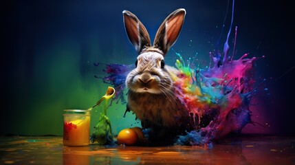 Wall Mural -  a rabbit is surrounded by paint and a glass of orange juice.  generative ai