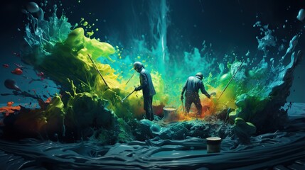  two men in black suits are standing in front of a green and yellow substance.  generative ai