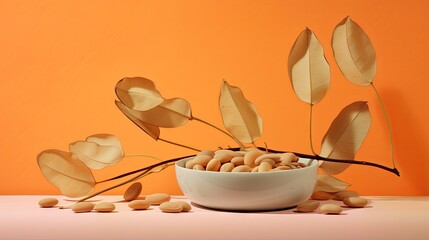 Poster -  a bowl of nuts and a branch with leaves on an orange background.  generative ai